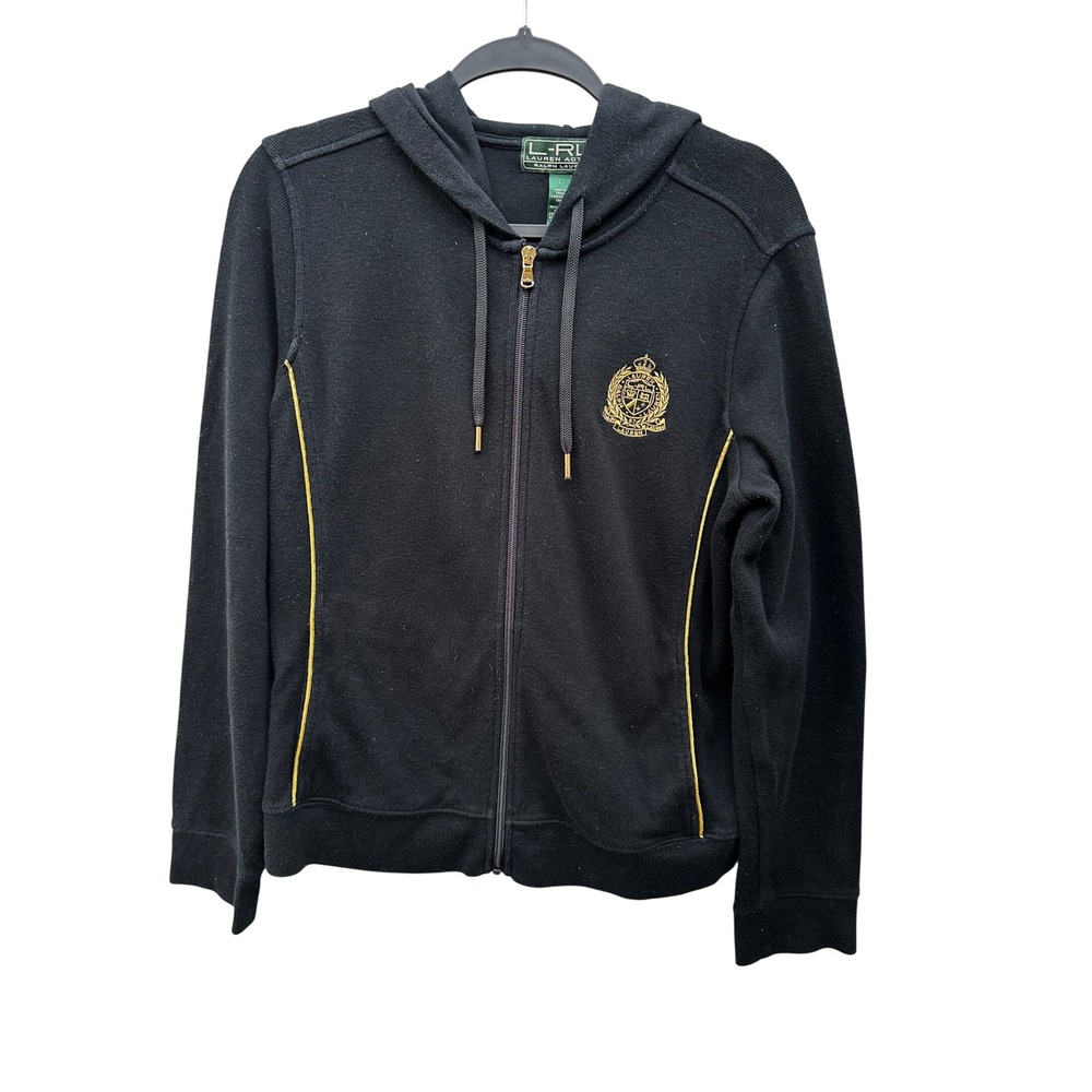 Lauren Ralph Lauren Black Gold Crest Zip Up Hoodie Sweatshirt Women Medium